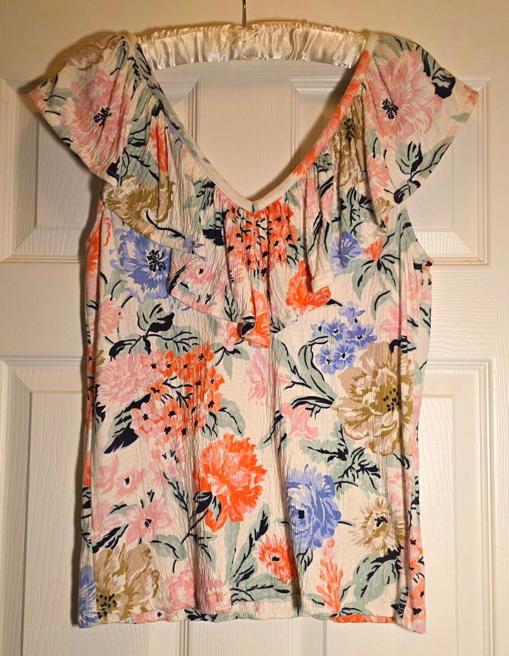 LOFT Womens Floral V-Neck Ruffle Flutter Short Sleeve Blouse Sz S